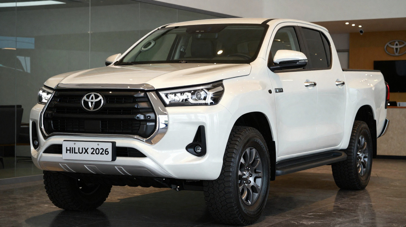 White 2026 Toyota Hilux pickup truck displayed indoors with black grille and alloy wheels.