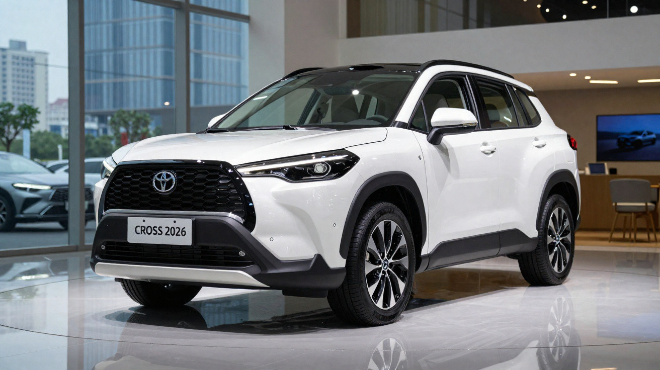 White Toyota Cross 2026 SUV displayed indoors with black roof and alloy wheels
