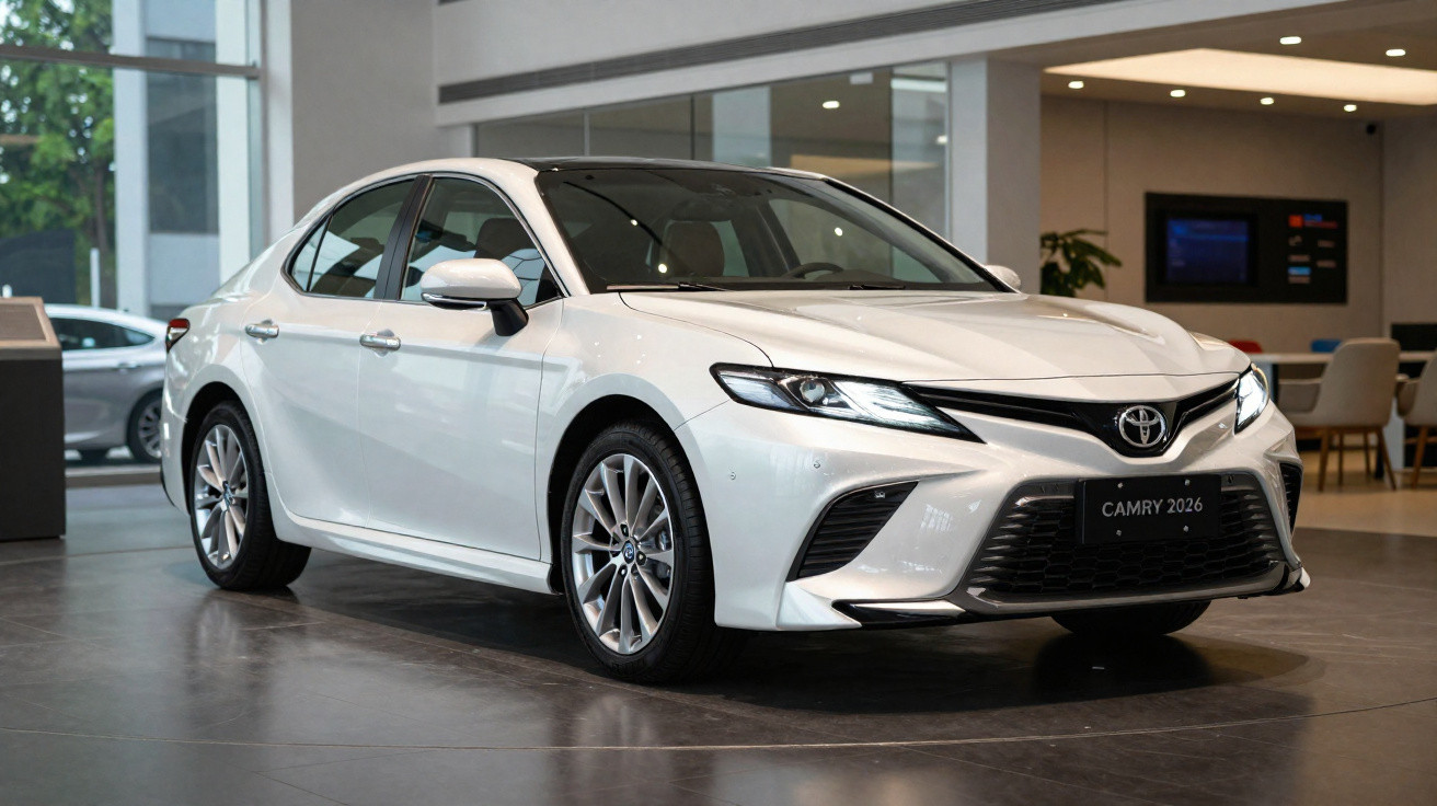 White 2026 Toyota Camry sedan displayed indoors with modern showroom background and reflective floor.