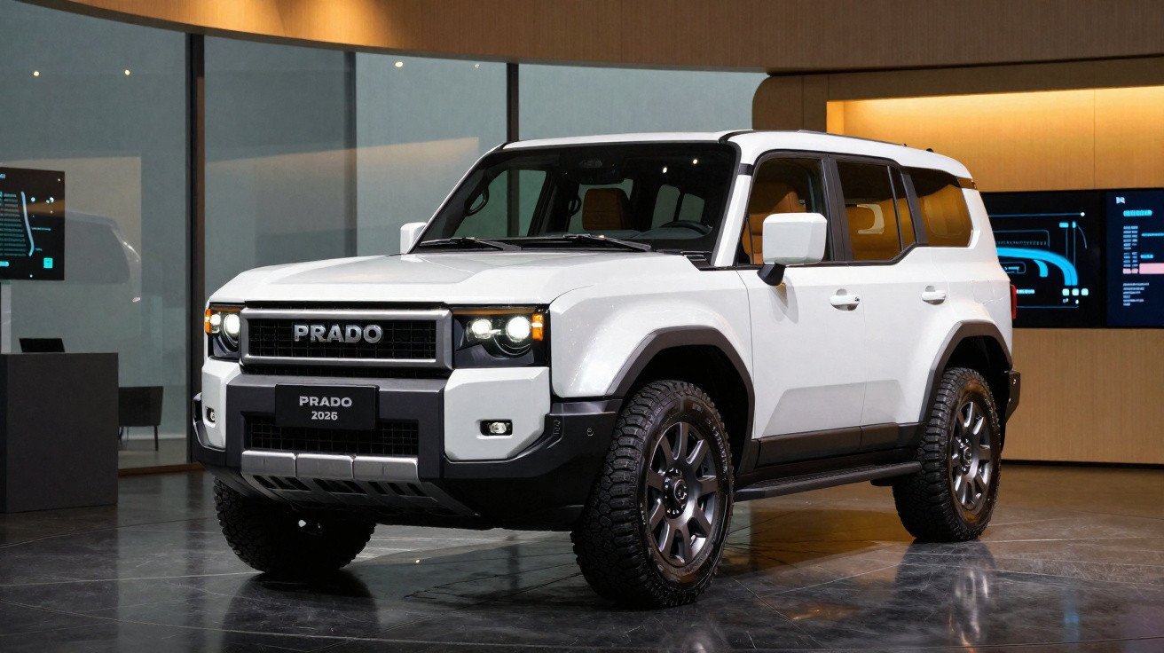 White 2026 Prado SUV with large tyres displayed in a modern showroom with digital screens in the background.