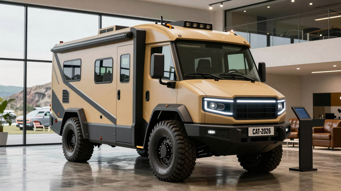 Beige off-road camper van with rugged tyres displayed inside a modern building with large windows.