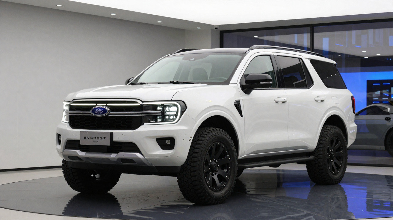 White Ford Everest SUV displayed indoors on a rotating platform with black alloy wheels and modern headlights.