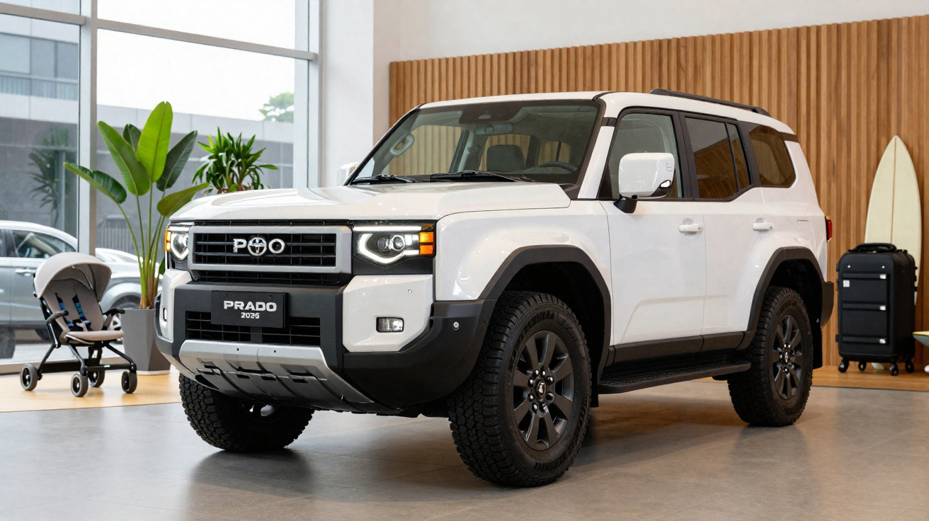 White 2025 Prado SUV displayed indoors with black wheels and modern headlights.