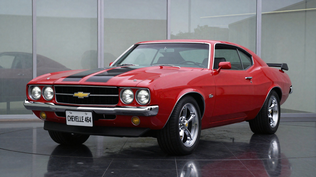 Red Chevrolet Chevelle 464 classic car with black stripes parked indoors on reflective floor.