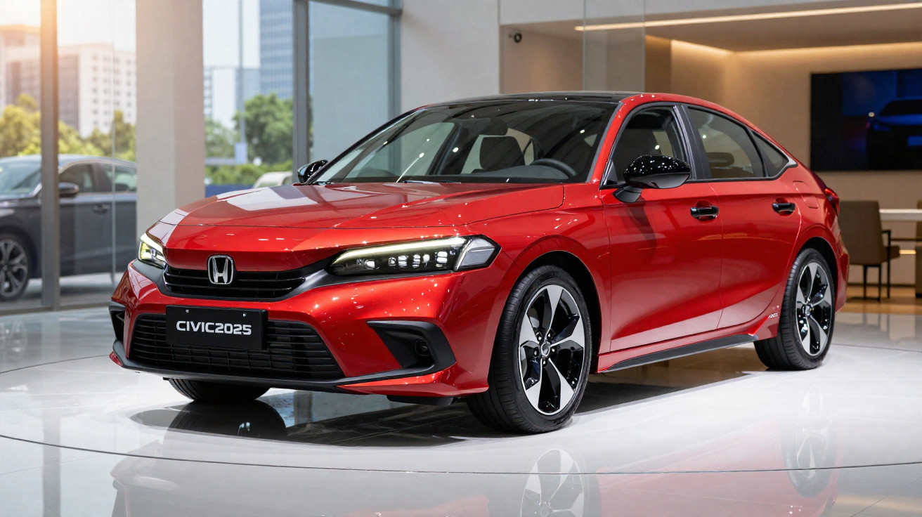 Red 2025 Honda Civic sedan displayed indoors with black roof and alloy wheels under bright lighting.