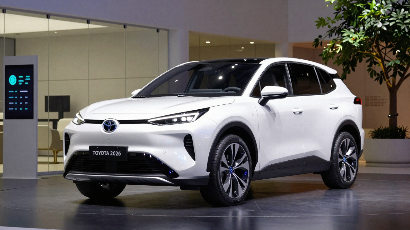 White 2026 Toyota electric SUV displayed indoors with modern design and sleek LED headlights.