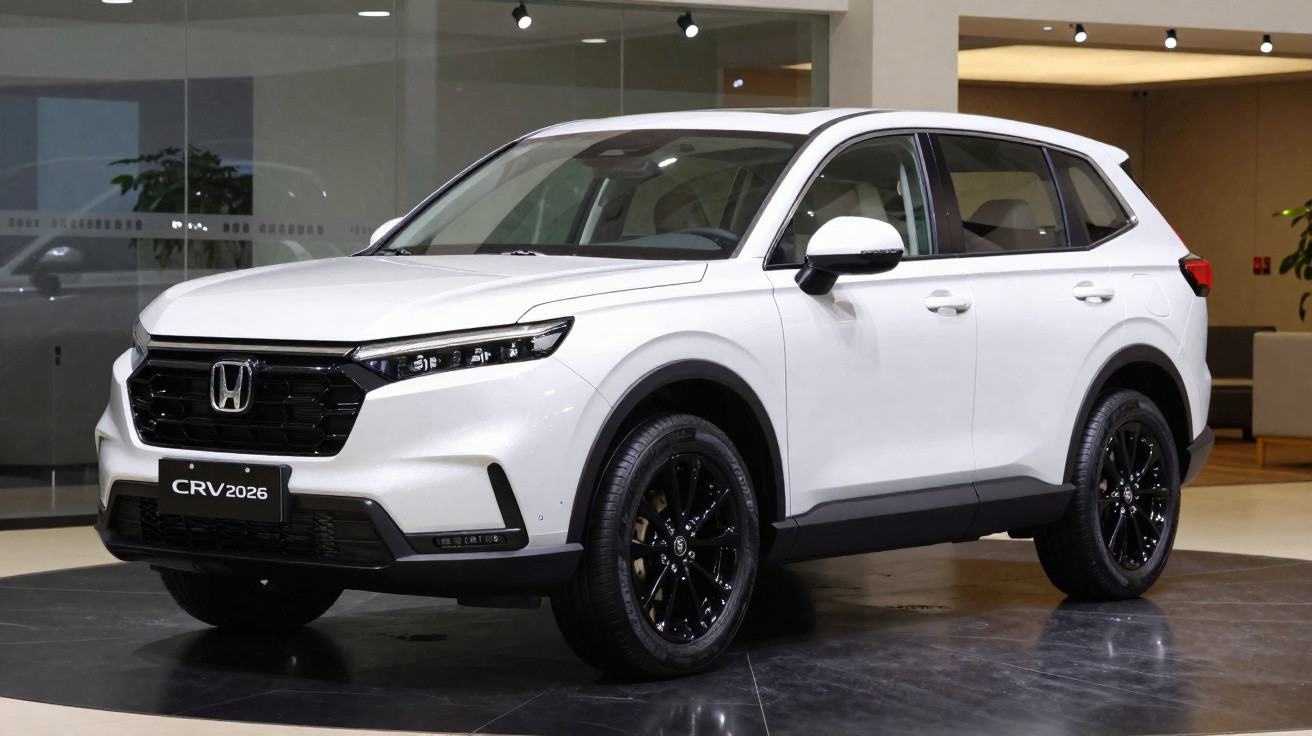 White 2026 Honda CR-V SUV with black trim and alloy wheels displayed indoors on a shiny floor.