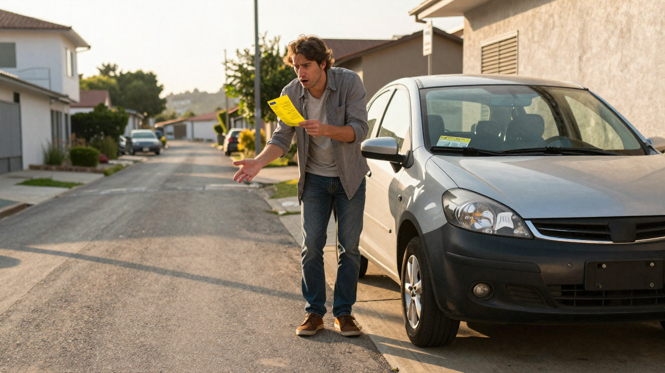 Man reading a parking ticket on a silver car parked on a residential street during daytime