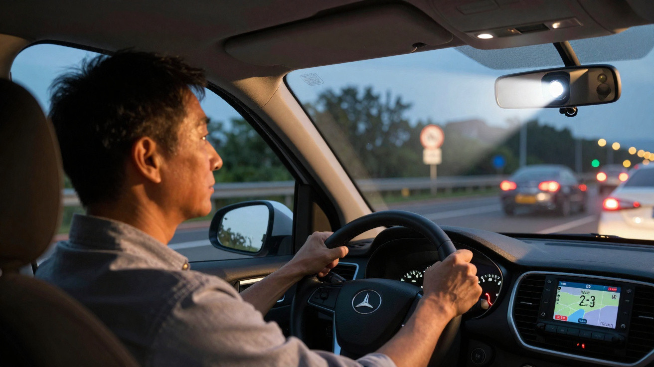 Man driving a Mercedes car at dusk with GPS navigation visible on the dashboard screen.