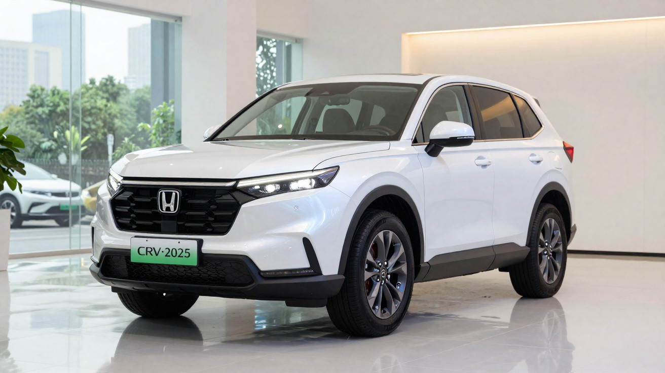 White 2025 Honda CR-V SUV displayed in a modern, bright showroom with large windows.