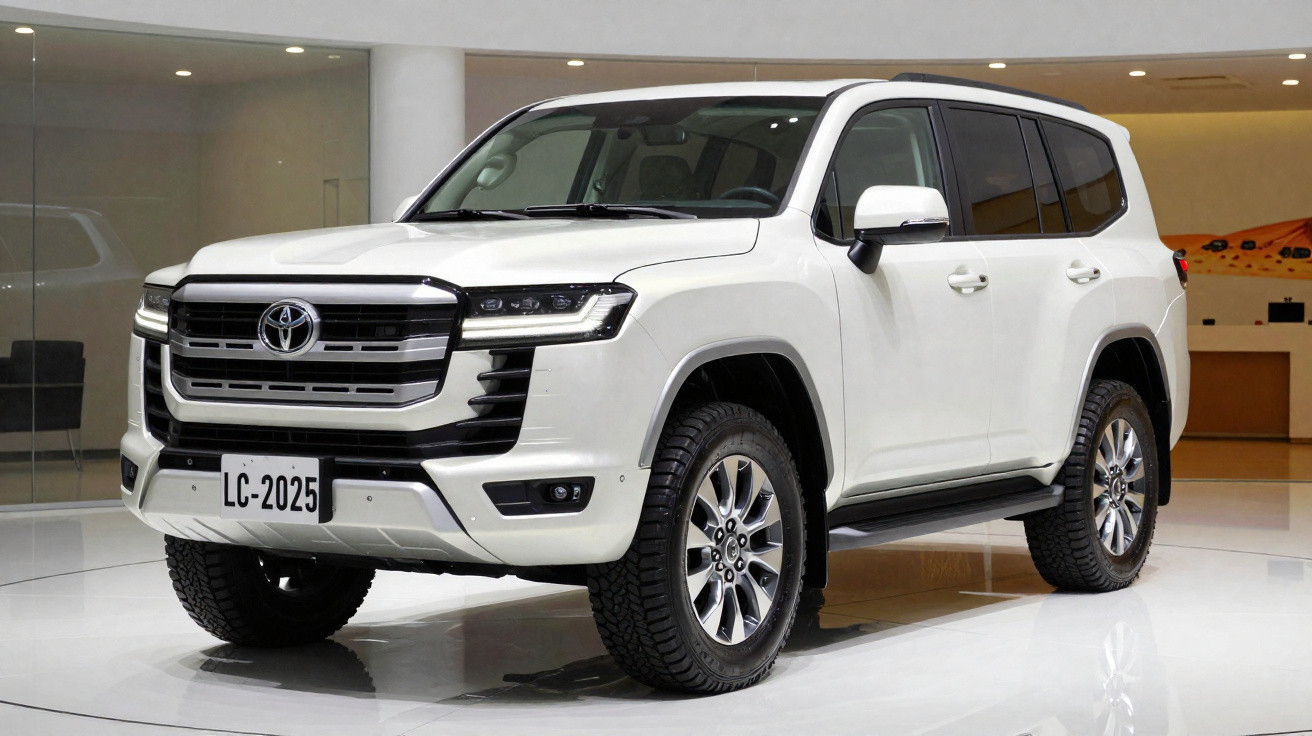 White Toyota Land Cruiser SUV displayed indoors with modern design and large wheels.