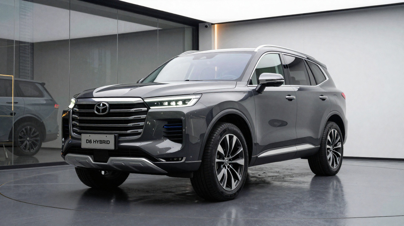 Grey Mazda D6 Hybrid SUV parked indoors with modern LED headlights and alloy wheels.