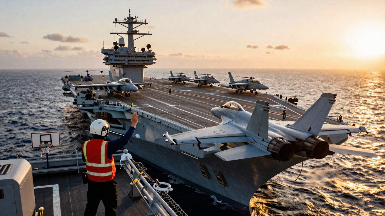 Person directing fighter jets on an aircraft carrier deck at sunset over the ocean.
