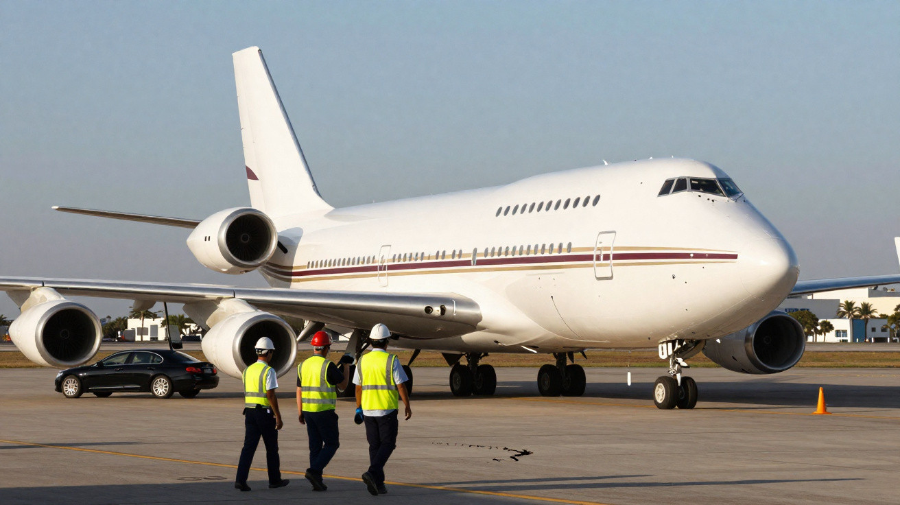 Three workers in safety vests and helmets walking on the tarmac near a large white private jet plane.