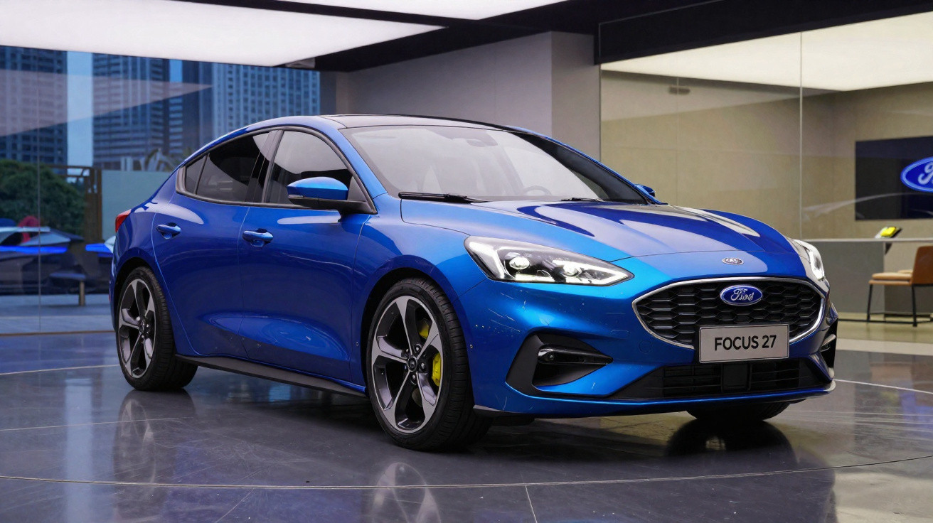Blue Ford Focus 27 hatchback displayed indoors on shiny grey flooring with city buildings visible outside.