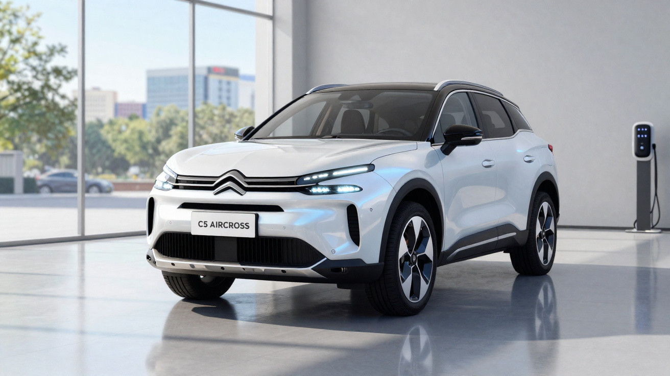 White Citroën C5 Aircross parked indoors near a charging station with cityscape visible through window.
