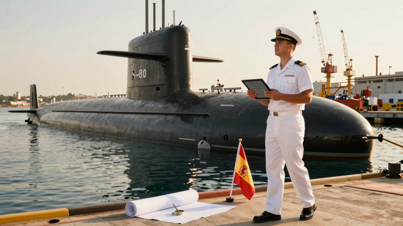 Spanish naval officer holding a tablet on dock near submarine with plans and Spanish flag at sunset.
