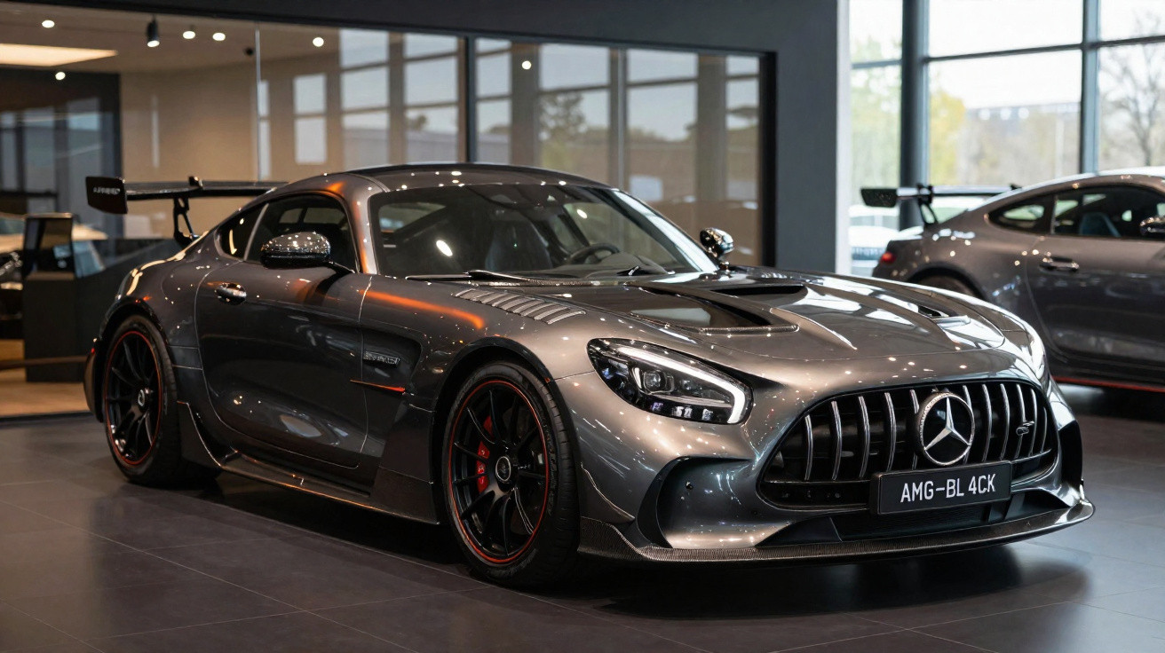 Metallic grey Mercedes-AMG GT sports car with black rims displayed in a modern showroom.