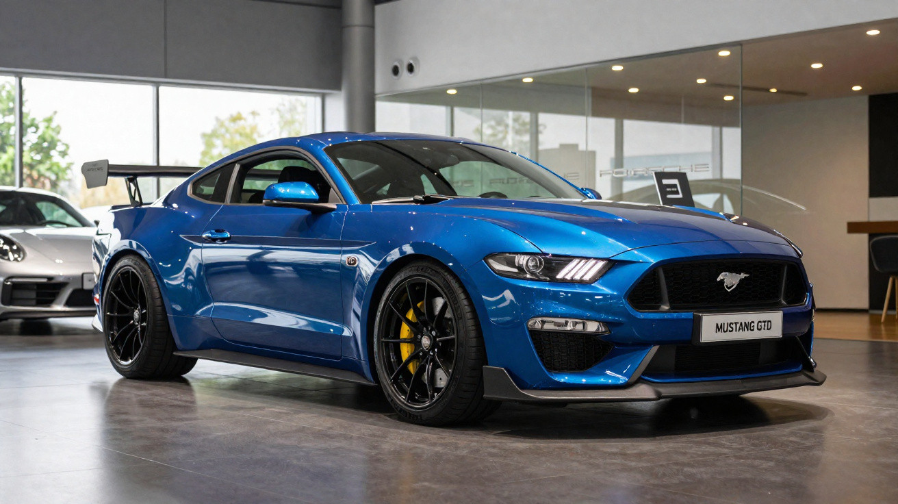 Blue Ford Mustang GTD sports car displayed indoors with black rims and yellow brake calipers.