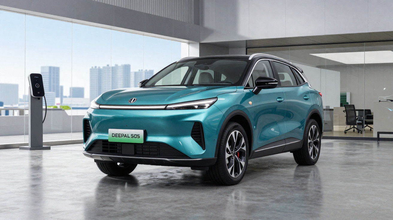 Teal Deepal S05 electric SUV parked indoors near a charging station with city buildings visible outside.
