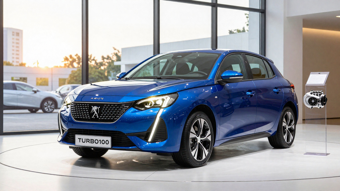 Blue Peugeot 208 displayed indoors on a rotating platform with a turbo engine model beside it.