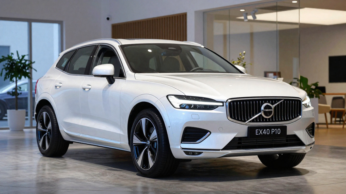 White Volvo EX40 P10 electric SUV parked indoors in a modern showroom with polished floor.