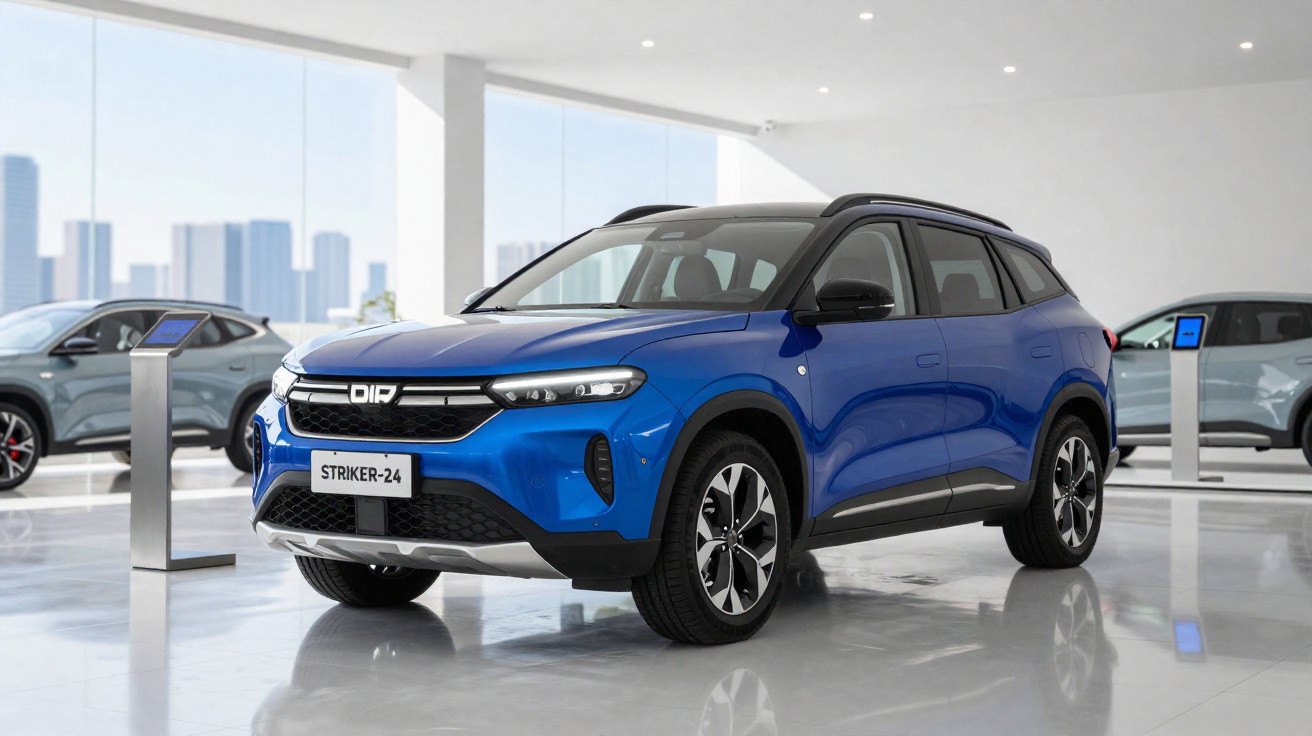 Blue electric SUV on display in a bright modern showroom with city skyline visible through large windows.