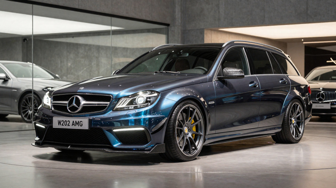 Blue Mercedes-Benz W202 AMG station wagon parked indoors with sleek design and polished finish.