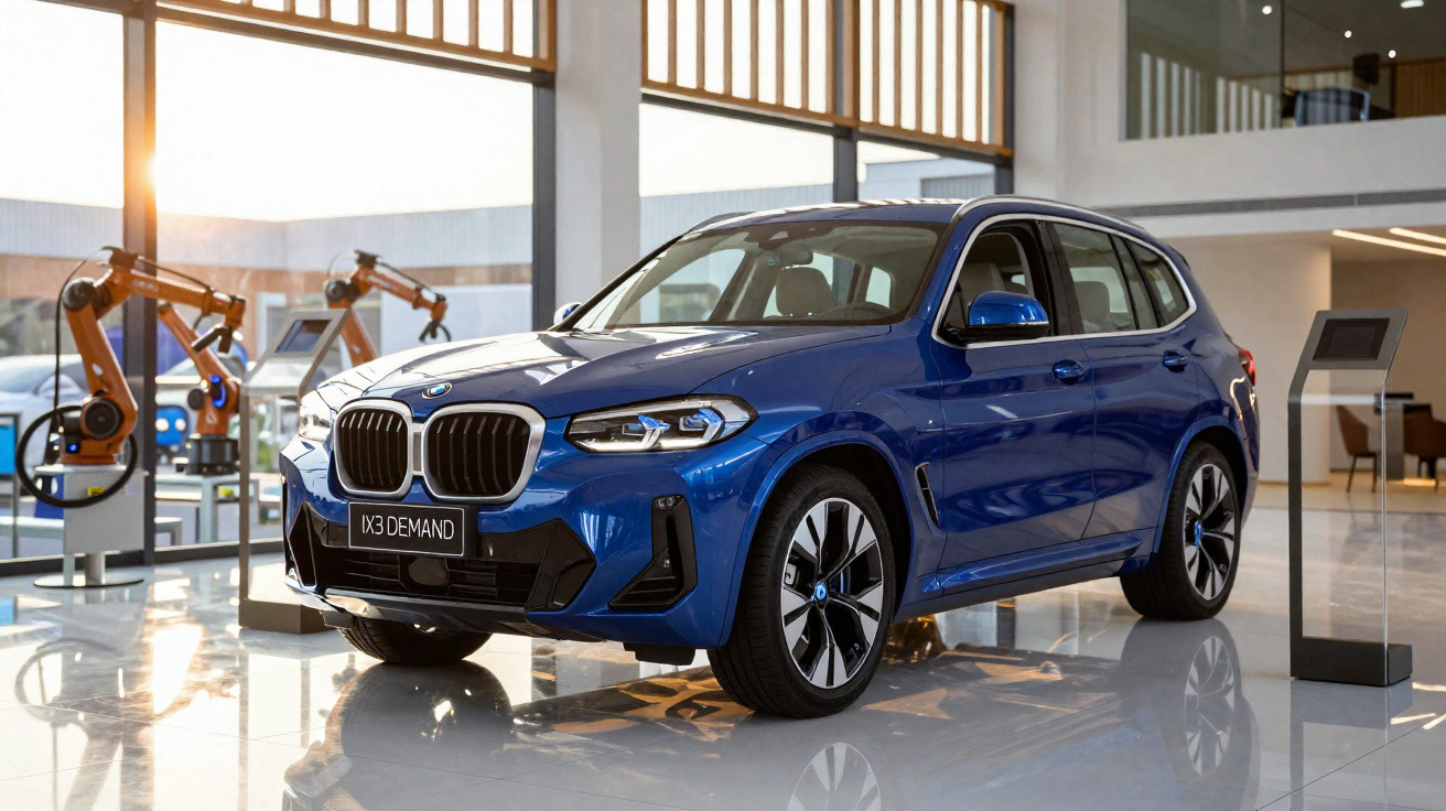 Blue BMW iX3 Demand electric SUV displayed indoors with robotic arms in the background.