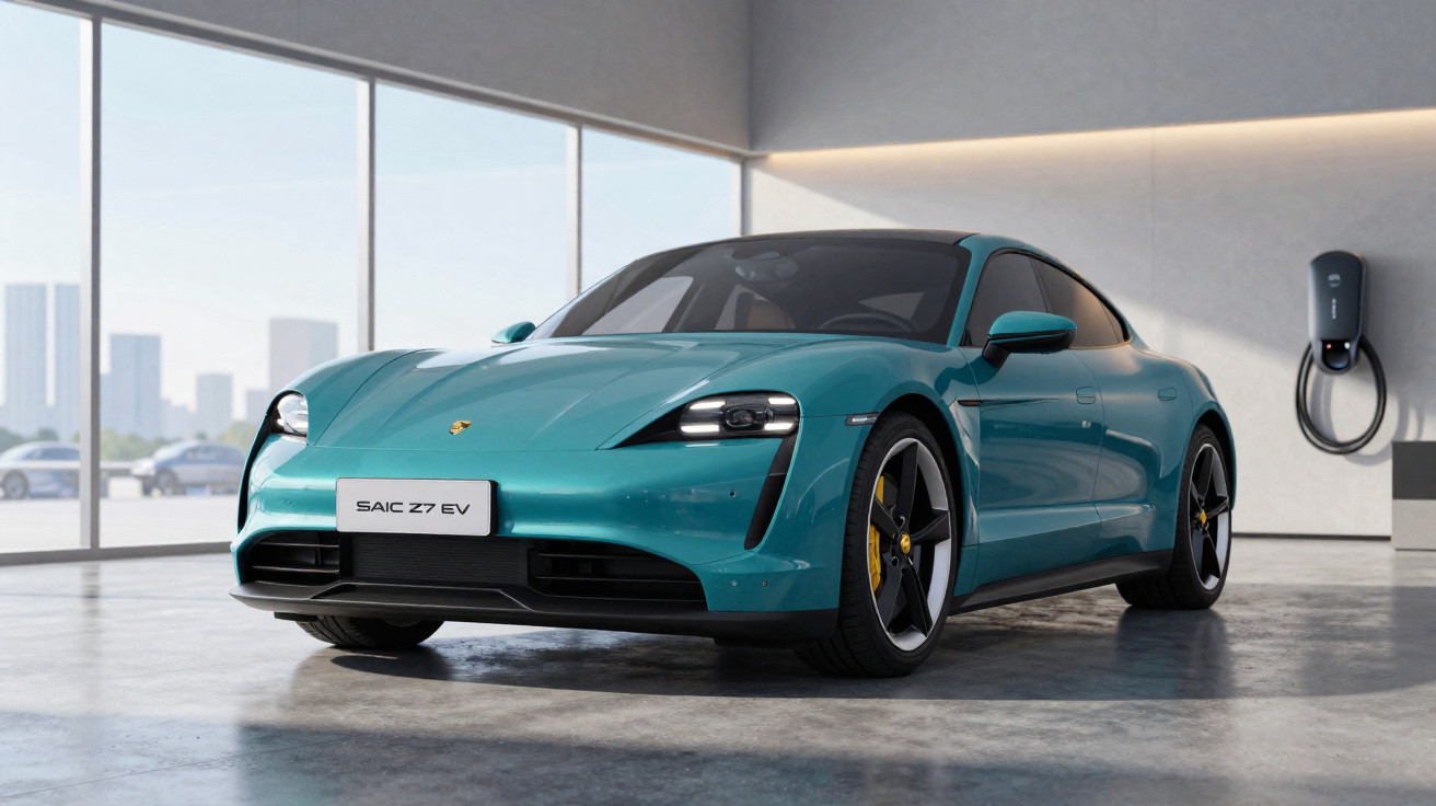 Teal electric sports car charging indoors with city skyline visible through floor-to-ceiling windows.