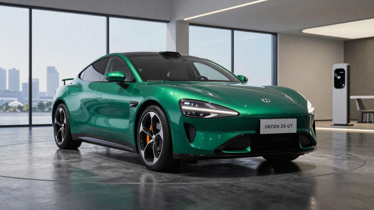Green Denza Z9 GT electric sports car displayed in a modern showroom with cityscape visible through large windows.