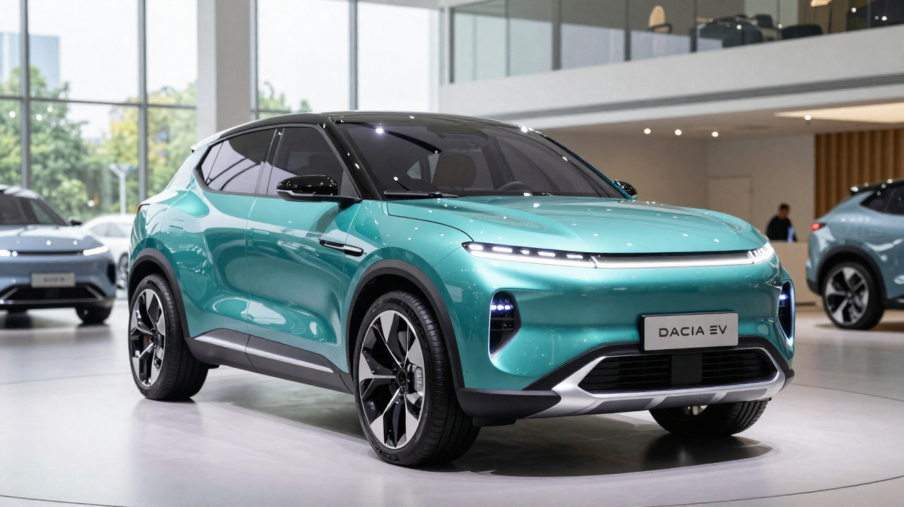 Teal Dacia electric SUV car displayed in a showroom with large windows and modern interior.