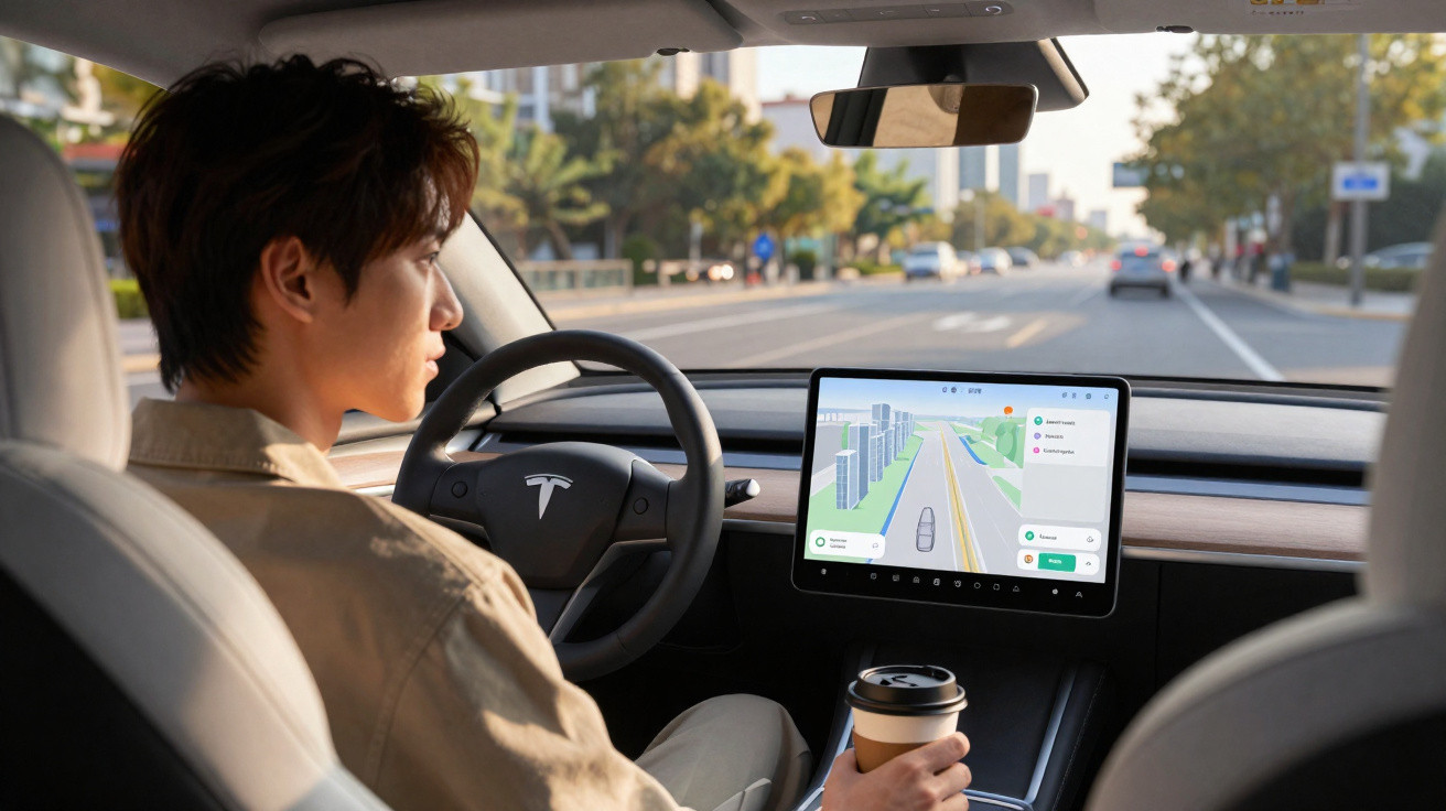 Person holding a coffee cup sits in driver seat of Tesla with navigation displayed on central touchscreen.