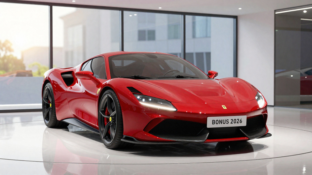 Red luxury sports car with sleek design displayed in a modern showroom with large windows.