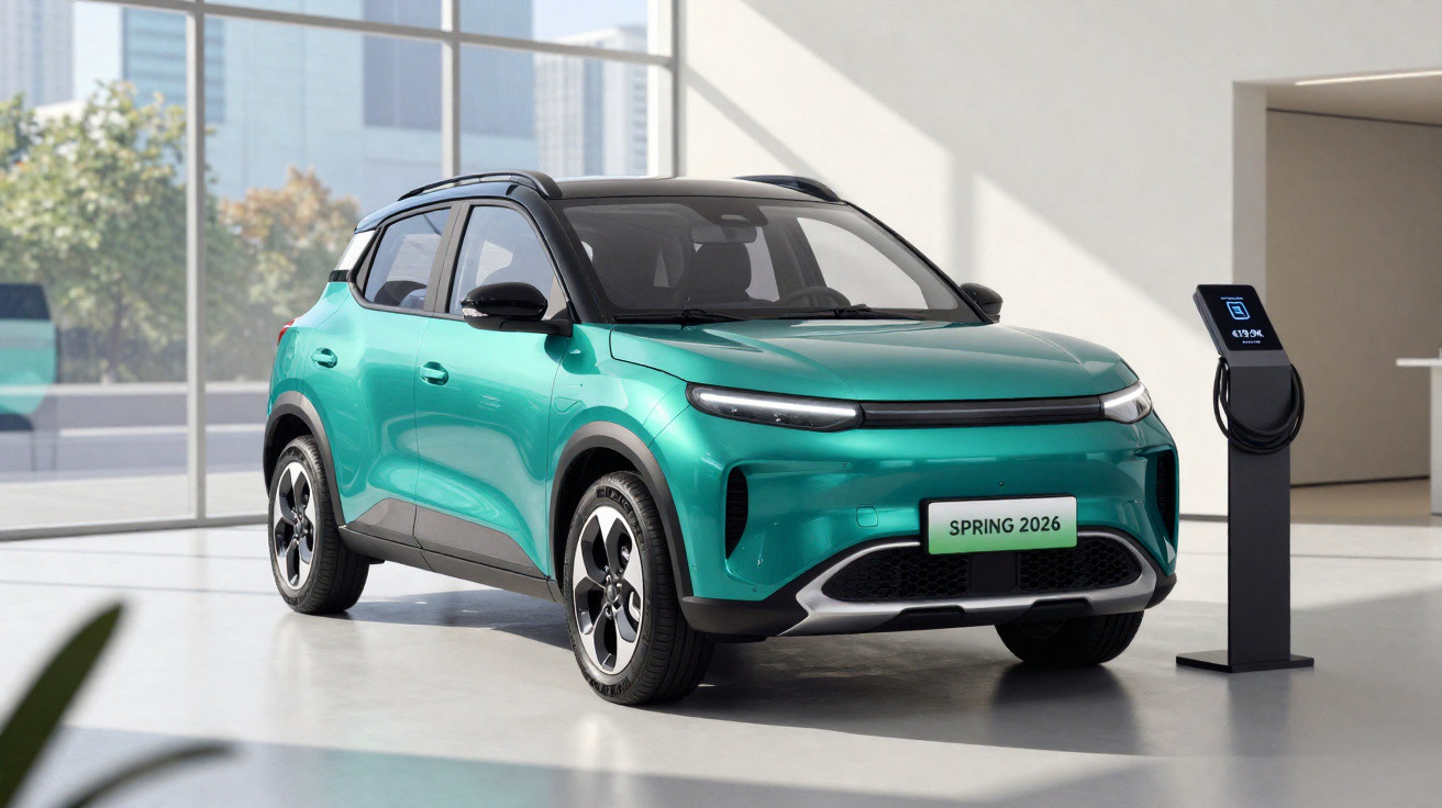 Green electric SUV parked indoors next to a charging station displaying 41.7% battery level.