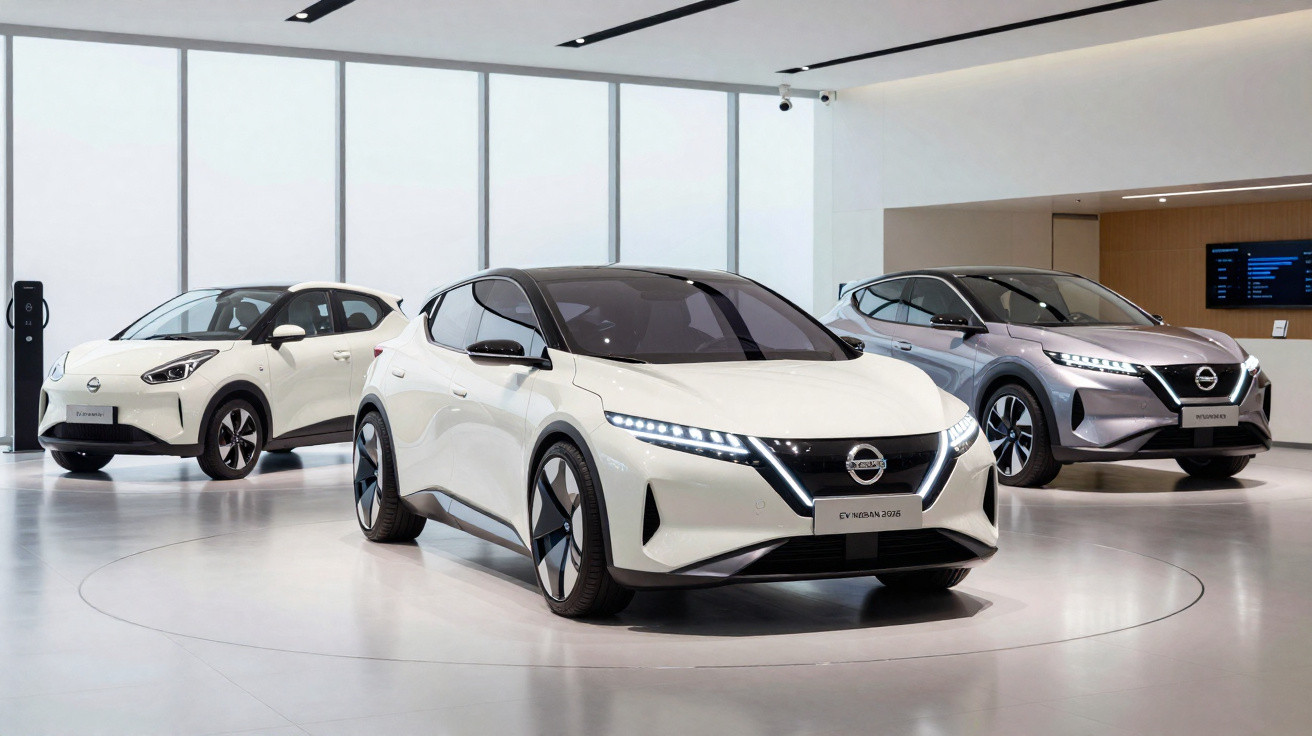 Three modern Nissan electric cars displayed in a bright, spacious showroom with large windows.
