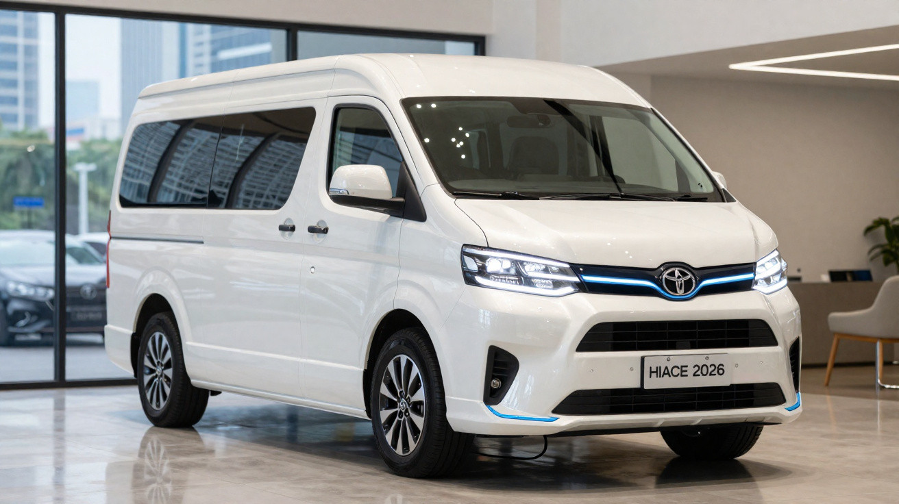 White 2026 Toyota Hiace van displayed indoors with modern front design and LED headlights.