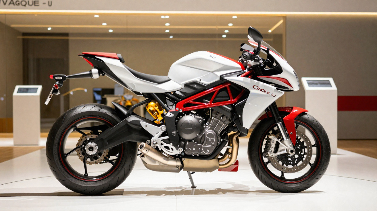 White and red MV Agusta sport motorcycle displayed indoors on a white platform.