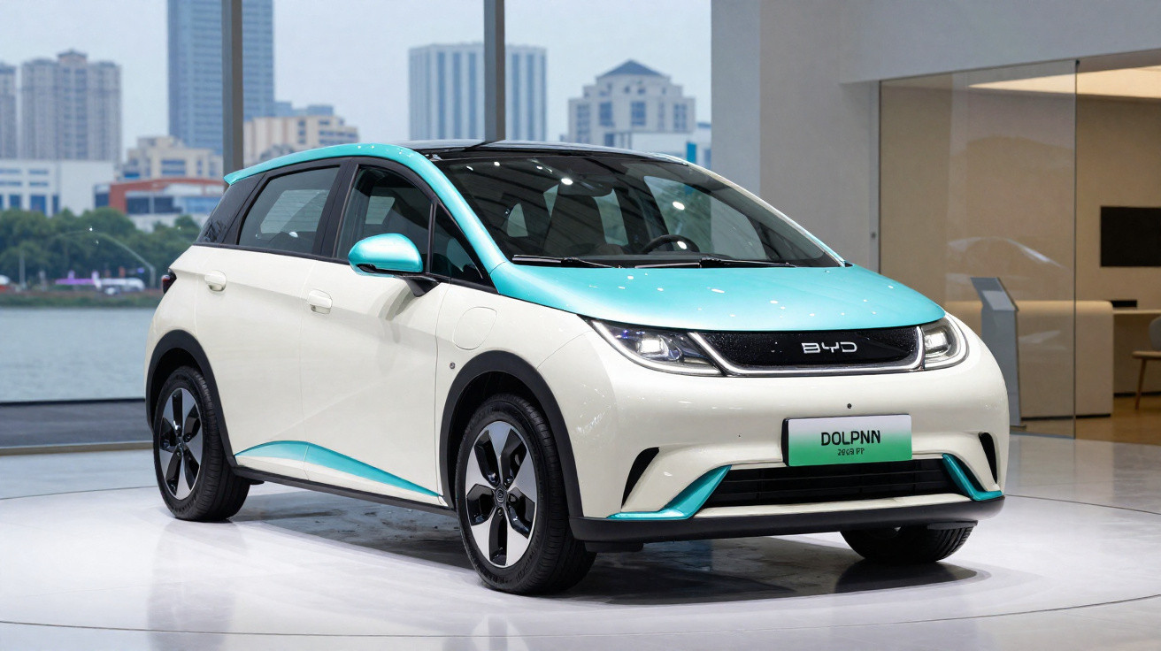 White and turquoise BYD Dolphin electric hatchback displayed indoors with city skyline in background.