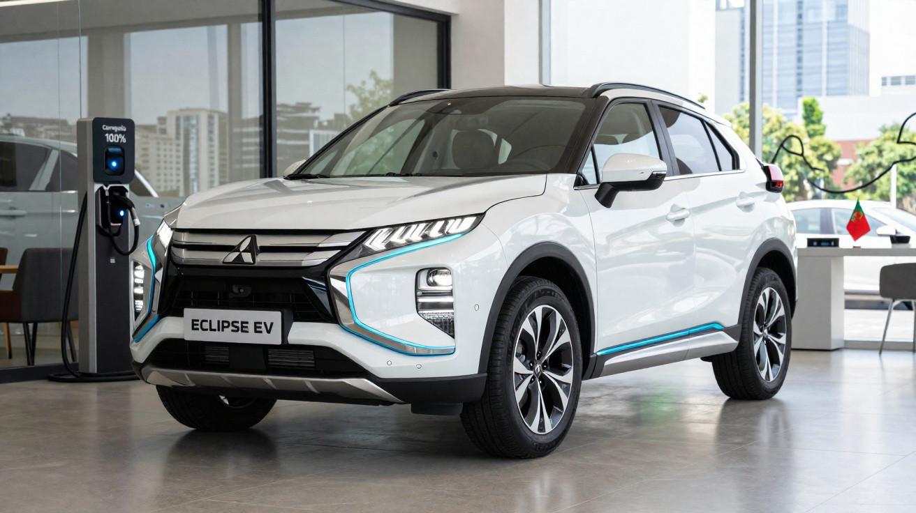 White Mitsubishi Eclipse EV electric SUV charging inside a modern showroom with city buildings in the background
