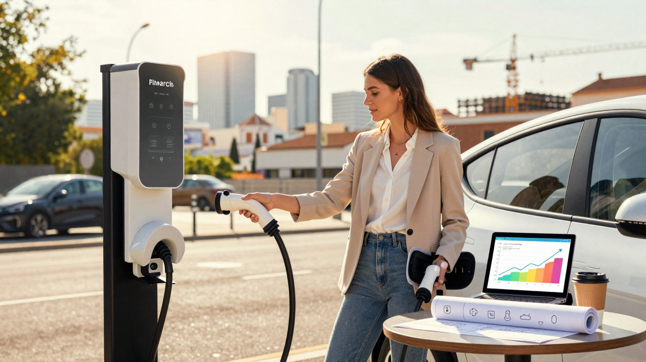 Woman in smart casual charging an electric car at a public charging station with a graph on a laptop nearby