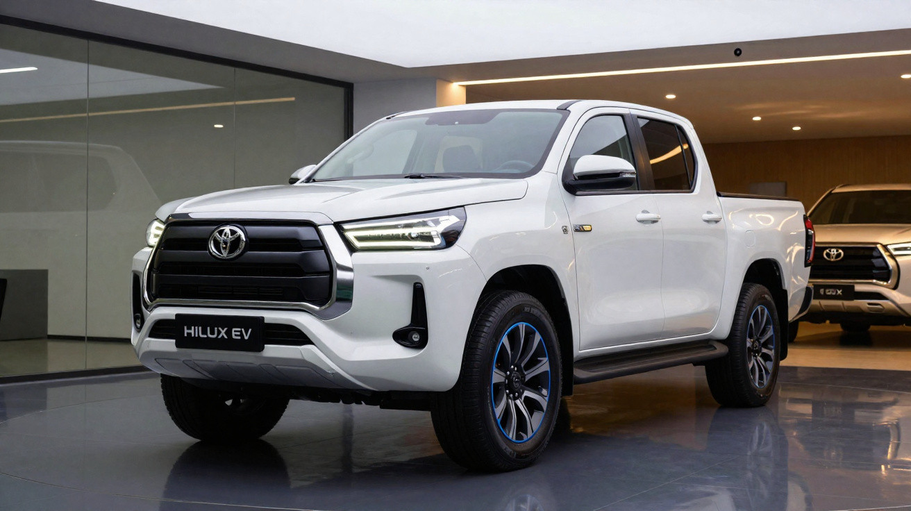 White Toyota Hilux EV electric pickup truck displayed indoors on polished floor with black grille and LED headlights.