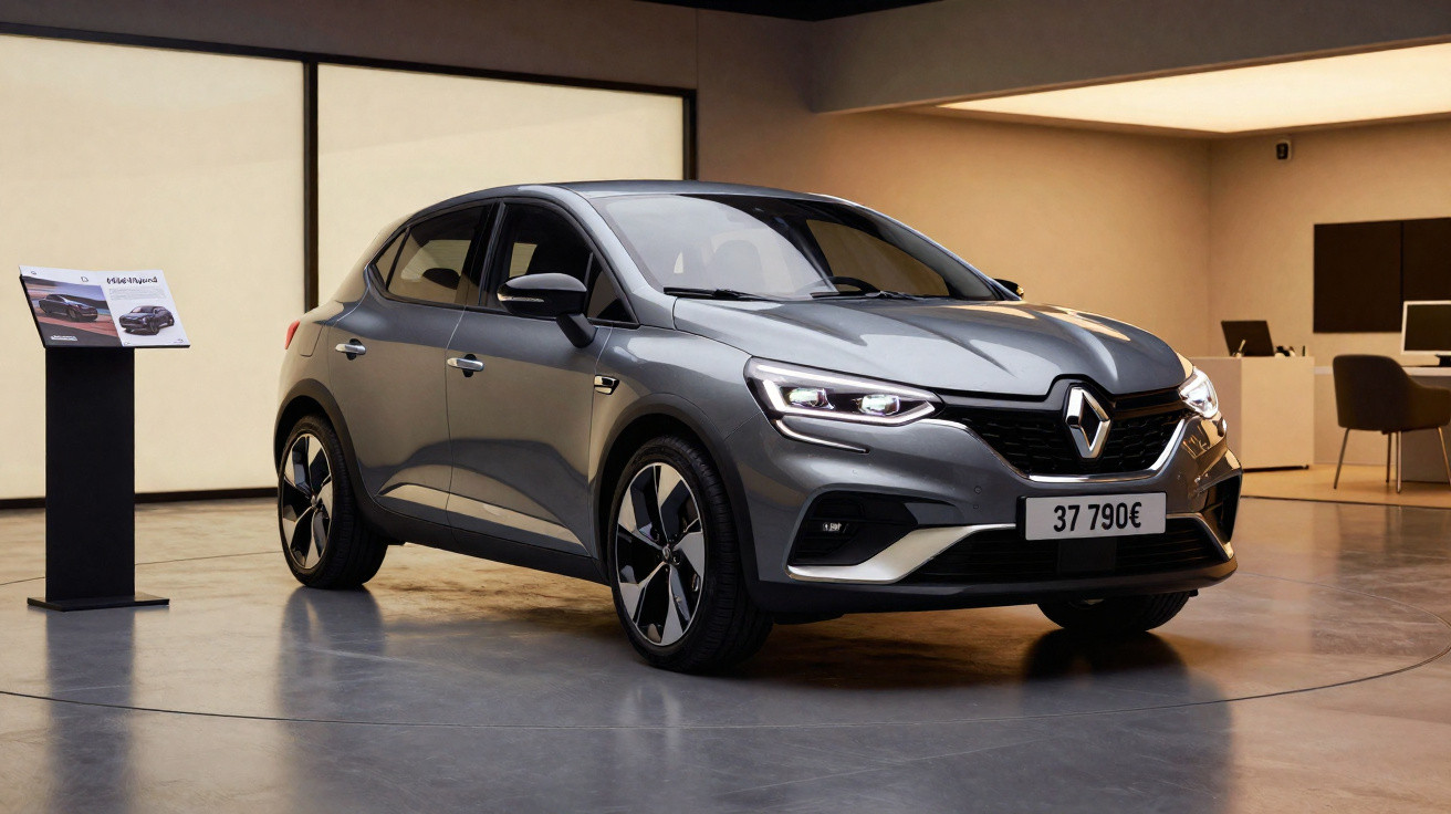 Grey Renault electric hatchback displayed indoors with informational stand beside it and modern office furniture nearby.