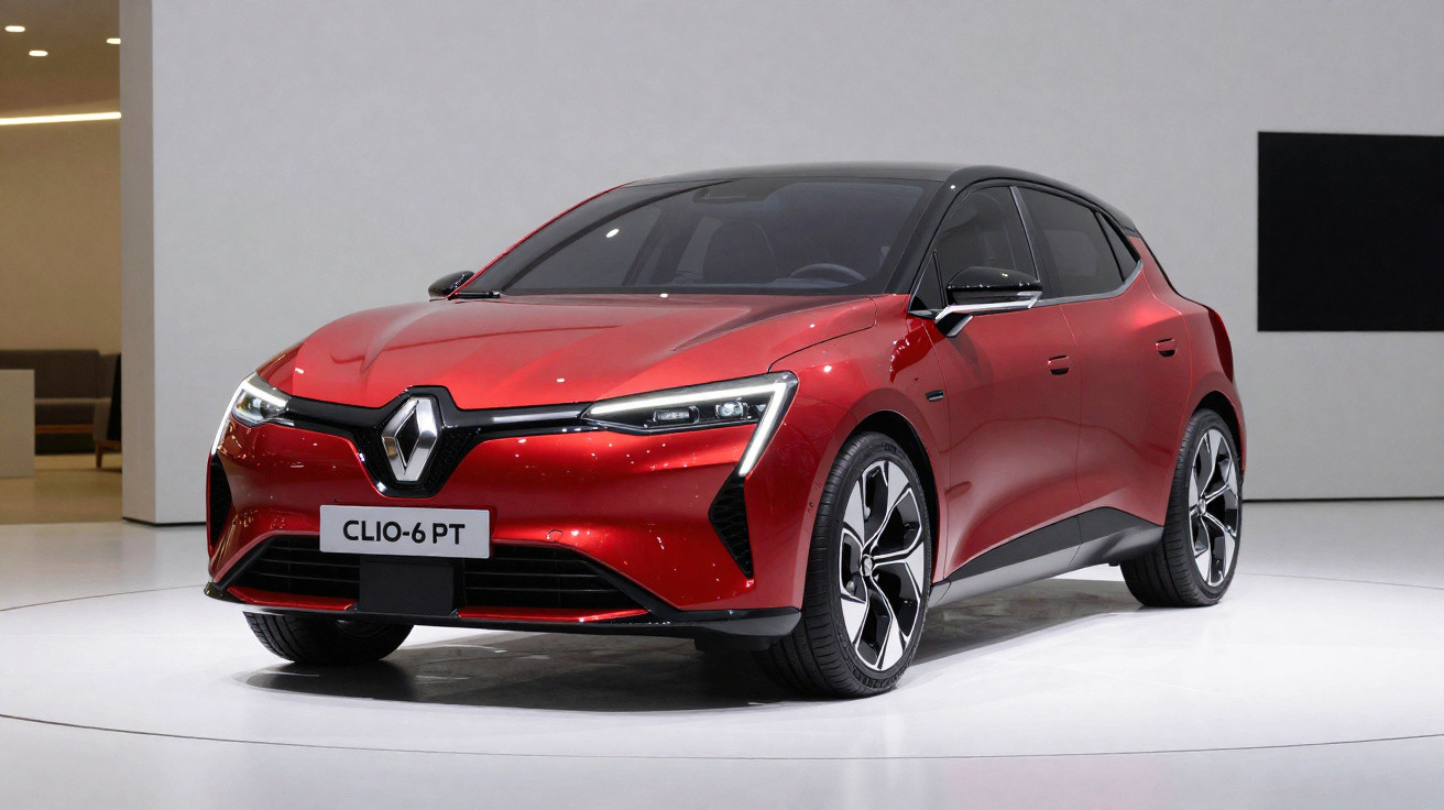 Red Renault Clio-6 PT hatchback showcased in a minimal white exhibition space with modern design.