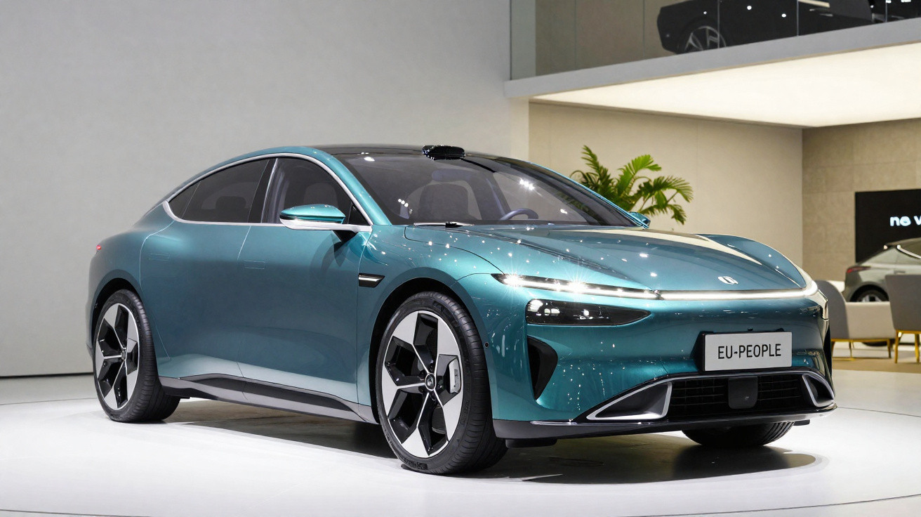 Sleek turquoise electric sports car displayed indoors with glossy finish and modern aerodynamic design.