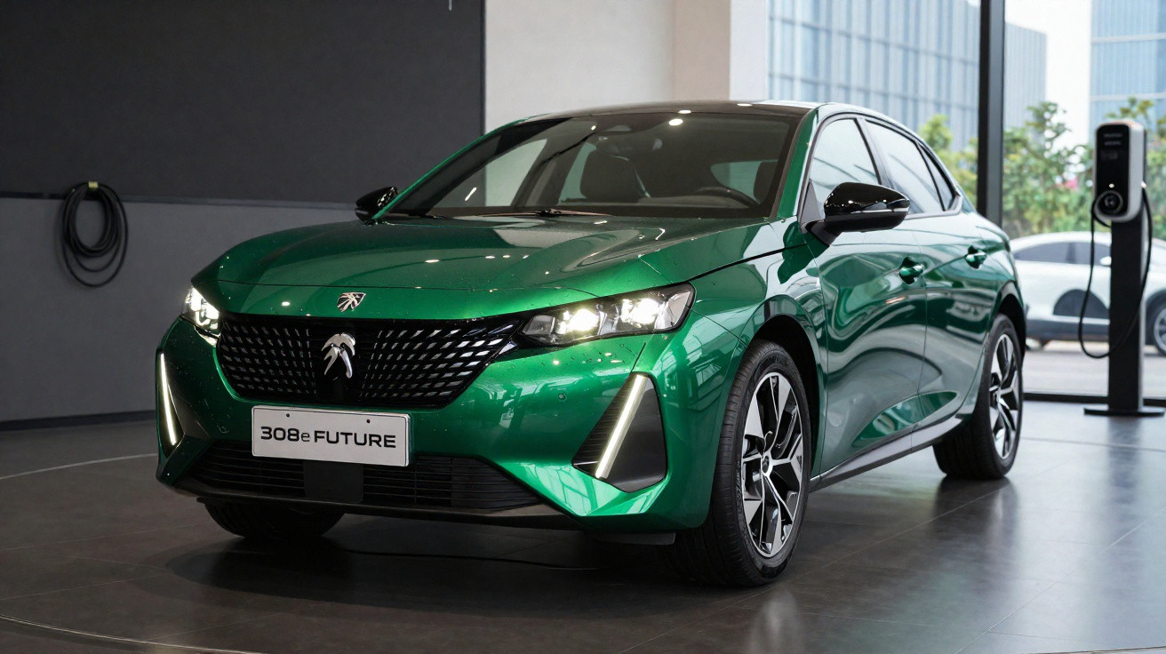 Green Peugeot 308e FUTURE electric car displayed indoors with charging station in the background.