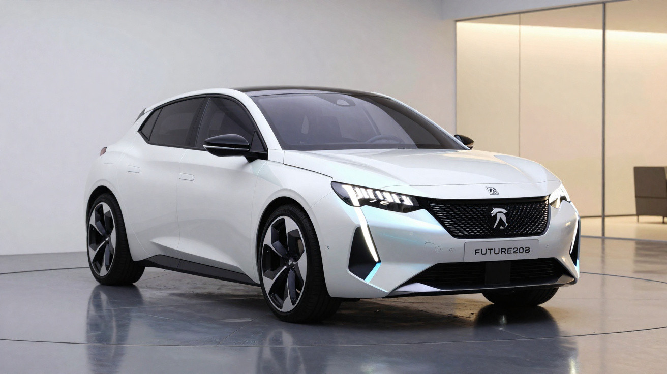 White Peugeot Future 208 electric hatchback showcased in a minimalistic indoor setting with modern lighting.