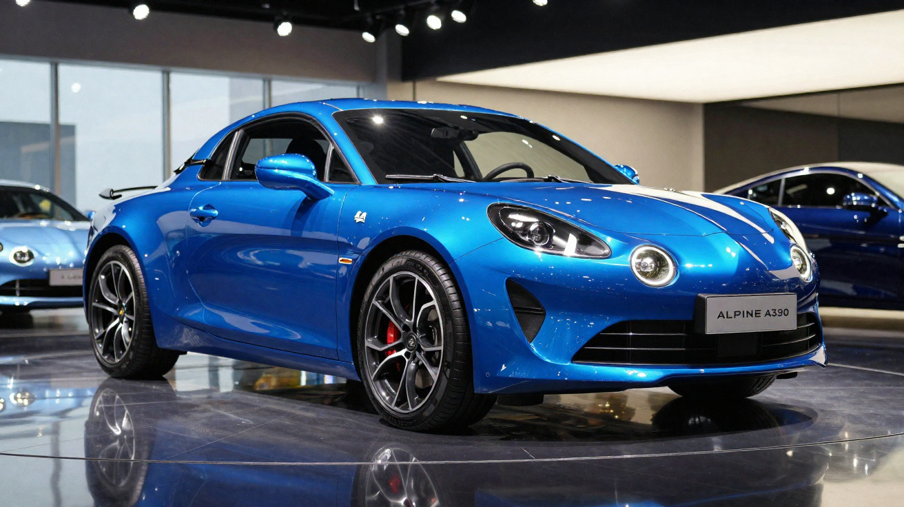 Blue Alpine A390 sports car displayed on a shiny floor under showroom lighting