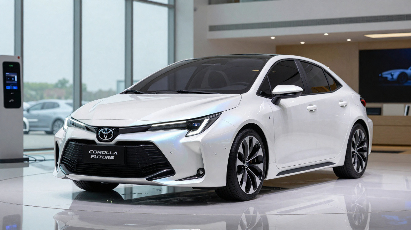 White Toyota Corolla Future hatchback displayed indoors with tinted windows and modern front grille design.