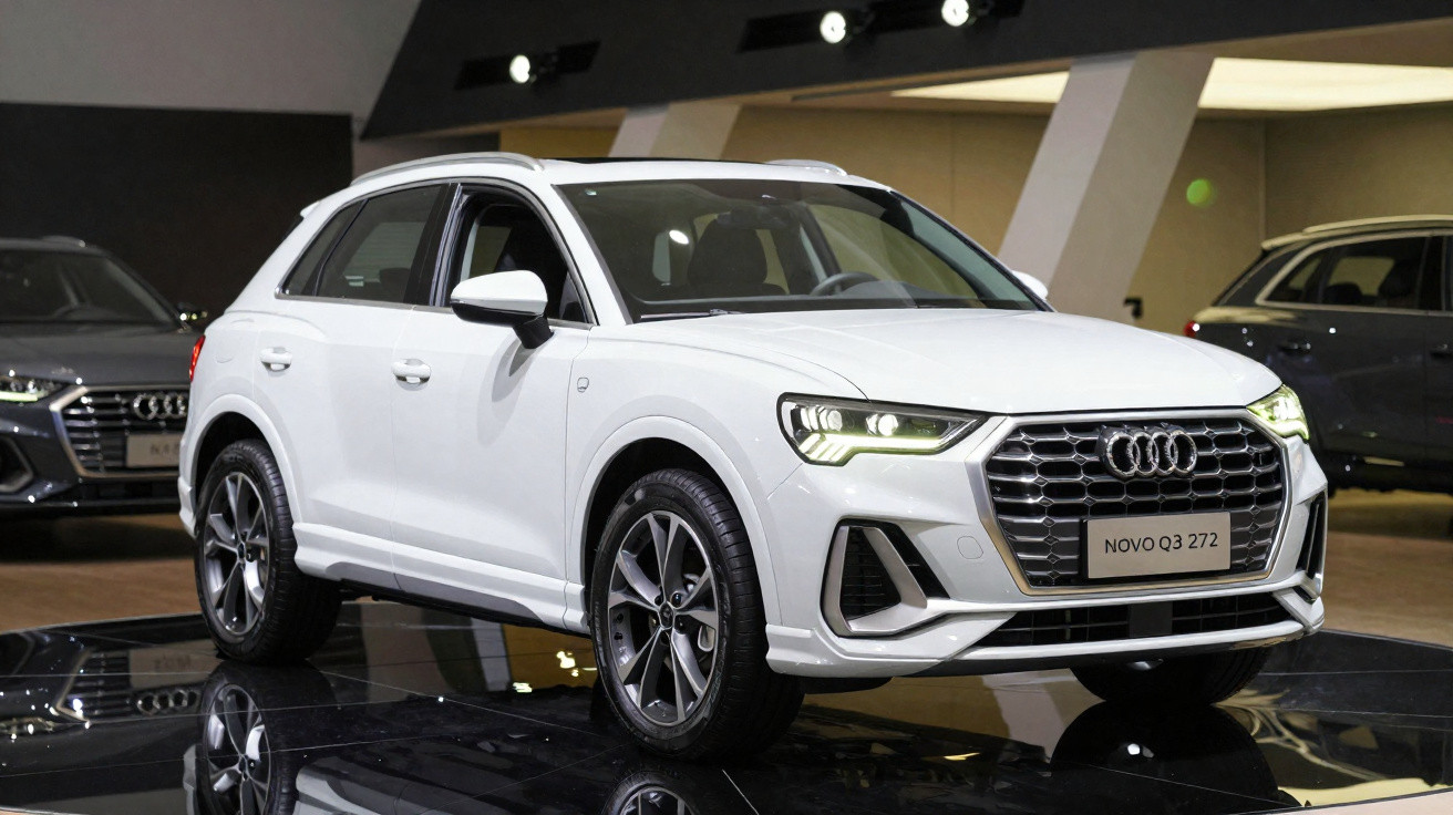White Audi Q3 SUV with LED headlights displayed indoors on reflective floor.